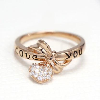 Bagues en forme de cœur et d'arc pour femmes et filles, couleur or Rose, lettre «Love You», avec cristal strass, alliage, bague de Couple de mariage
