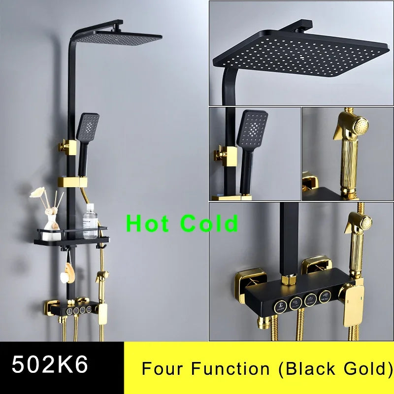 HOShower-Ensemble de pommeau de douche chaud et froid, pommeau de douche pluie, système thermostatique, laiton de qualité, noir et or, 12 po