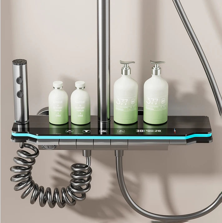 Système de douche à effet de pluie revitalisant à commande tactile avec panneau numérique et étagère pour l'énergie précoce dans les salles de bains modernes -