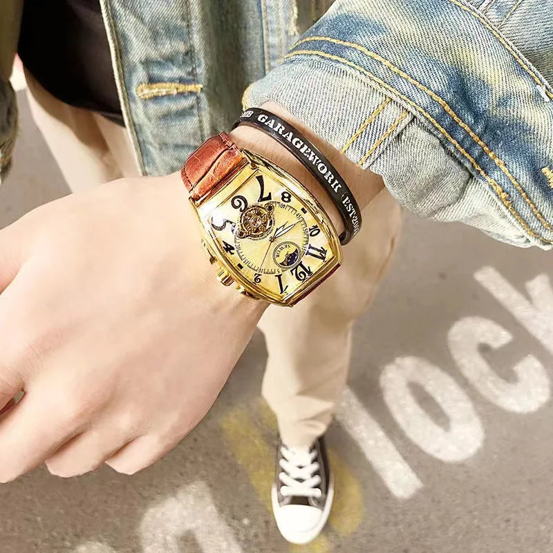 Montre-Bracelet Mécanique existent de Luxe pour Homme, Modules Tourbillon, Horloge-Bracelet, Boîtier Tonneau