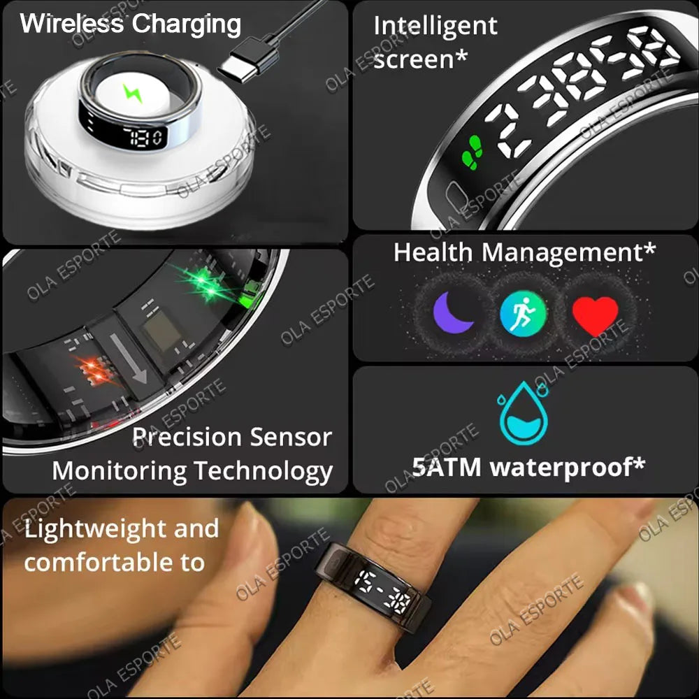 Bague intelligente 2025 avec écran d'affichage et tactile, chargement sans fil, gestionnaire de santé, étanche 5 ATM pour hommes et femmes, bagues R12 R11